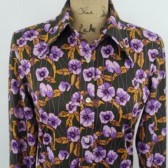 Vintage 70's olive green & purple flowered shirt - Picture 2 of 8